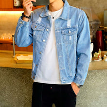 Load image into Gallery viewer, Men's Denim Jacket Hip Hop Retro Denim Jacket Street Casual Pilot Harajuku Fashion Hole Slim Buttoned Sky Blue Men's Jacket