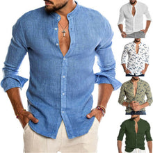 Load image into Gallery viewer, 2019 Fashion Men Cotton Linen Shirts Casual Long Sleeve Stand Neck Tops Loose Blouse Men Clothes Swam Print Shirt Men Blouse Top
